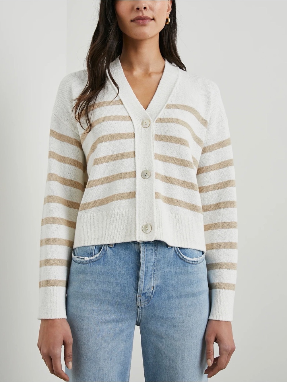 Rails Geneva Cardigan Sz L Sand‎ Stripe Cotton Blend V-Neck Sweater $268 .